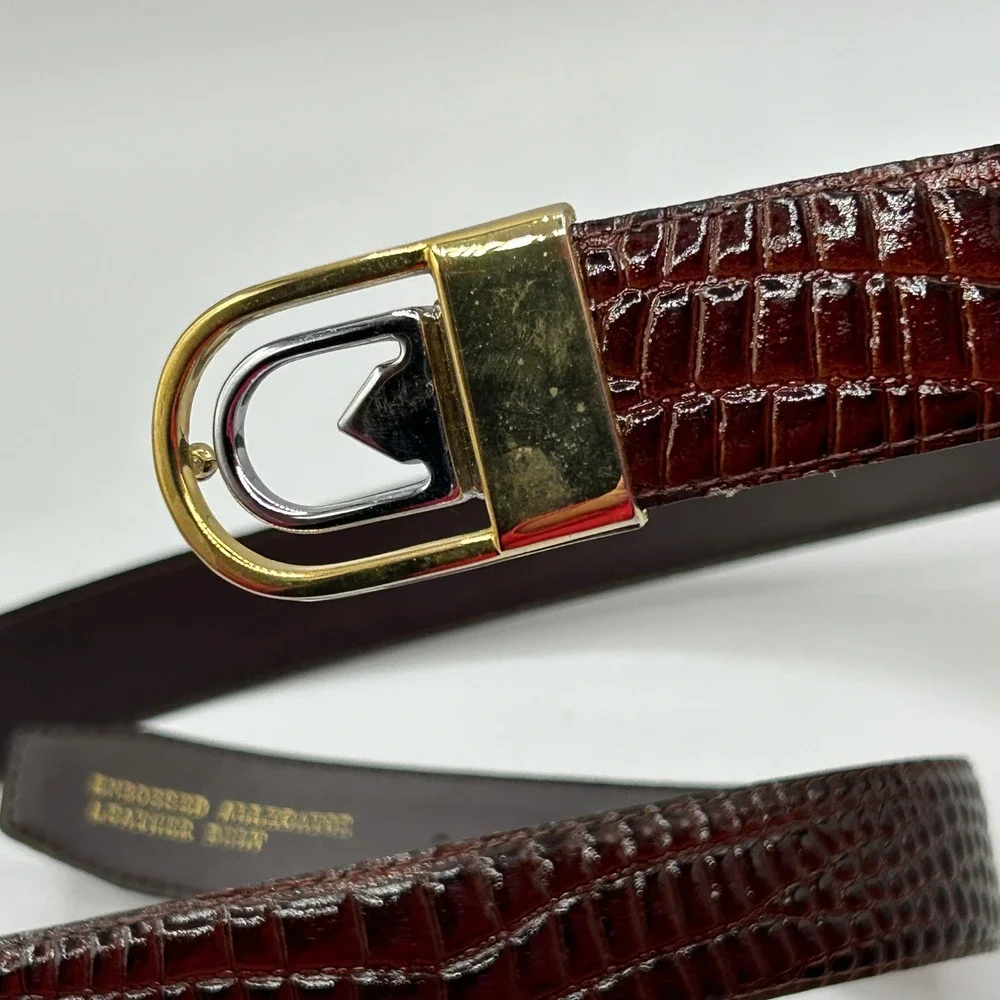 Mens Dark Brown Embossed Alligator Leather Belt Two-Tone Gold Silver Buckle 39.5